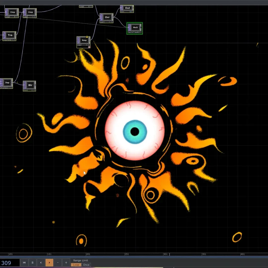 TouchDesigner-Visualisierung der Installation „Burning Eye“, bei der das stilisierte Auge durch Partikel-, Verzerrungs- und Fragmentierungseffekte dynamisch animiert wird.