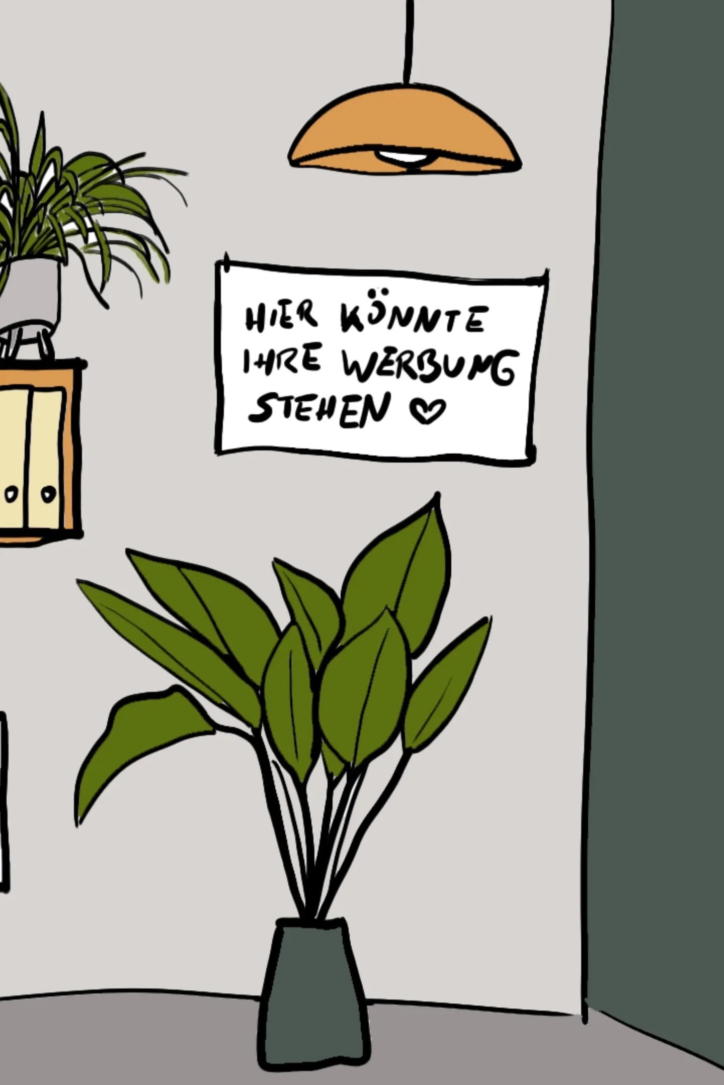 Illustrierte Büroecke mit Zimmerpflanze, Hängeleuchte und Werbeplakat, in der sich die verspielten Minimonster in die Umgebung integrieren.
