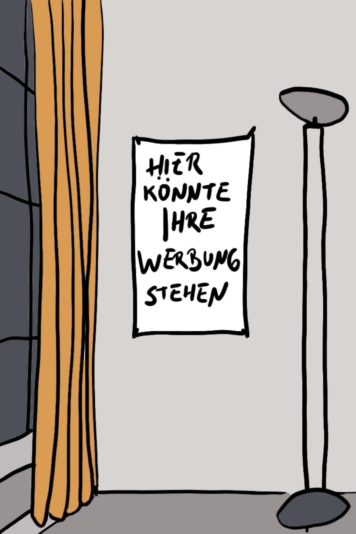 Handgezeichnete Büroillustration mit einem leeren Werbeplakat an der Wand, das Teil der interaktiven Installation „Minimonster“ ist.