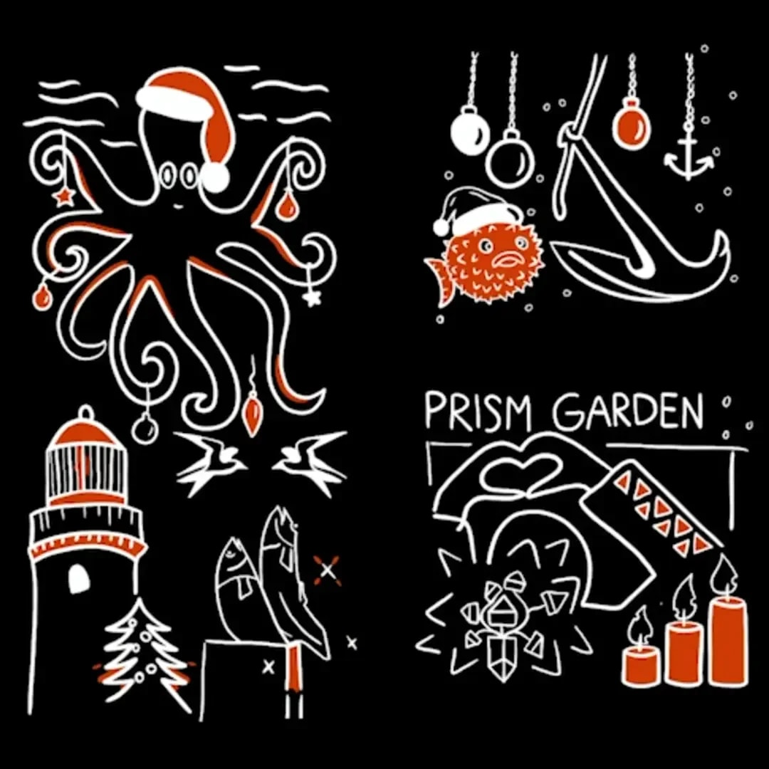 Four calendar motifs for Adventshaus Barth: an octopus wearing a Santa hat, a pufferfish with an anchor and baubles, a lighthouse with fish, and a sign reading Prism Garden.