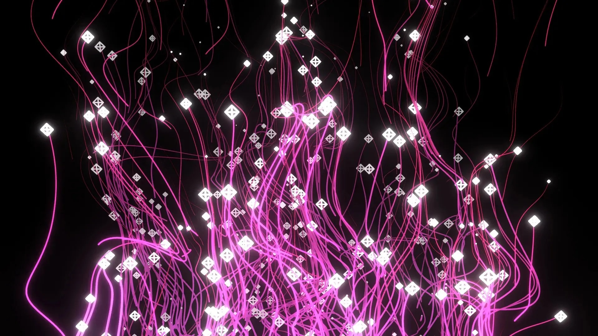 Still from an audio-reactive visual: pink strands and white particles streaming upwards against a black background.